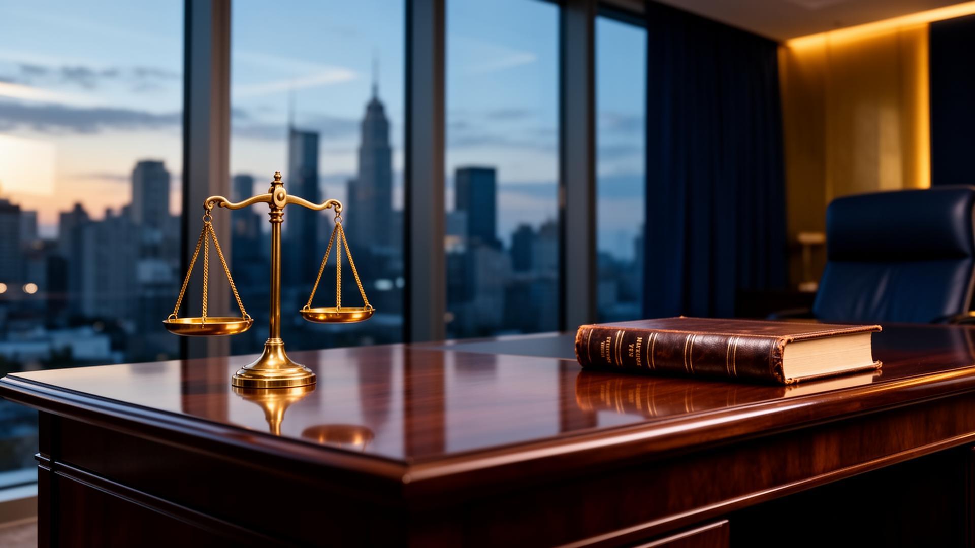 Escritório corporativo com balança da justiça ao entardecer